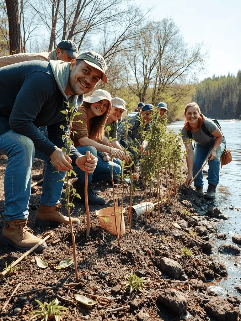 Volunteers planting trees along the river Cher in Cours-les-Barres, illustrating the association's dedication to environmental protection.