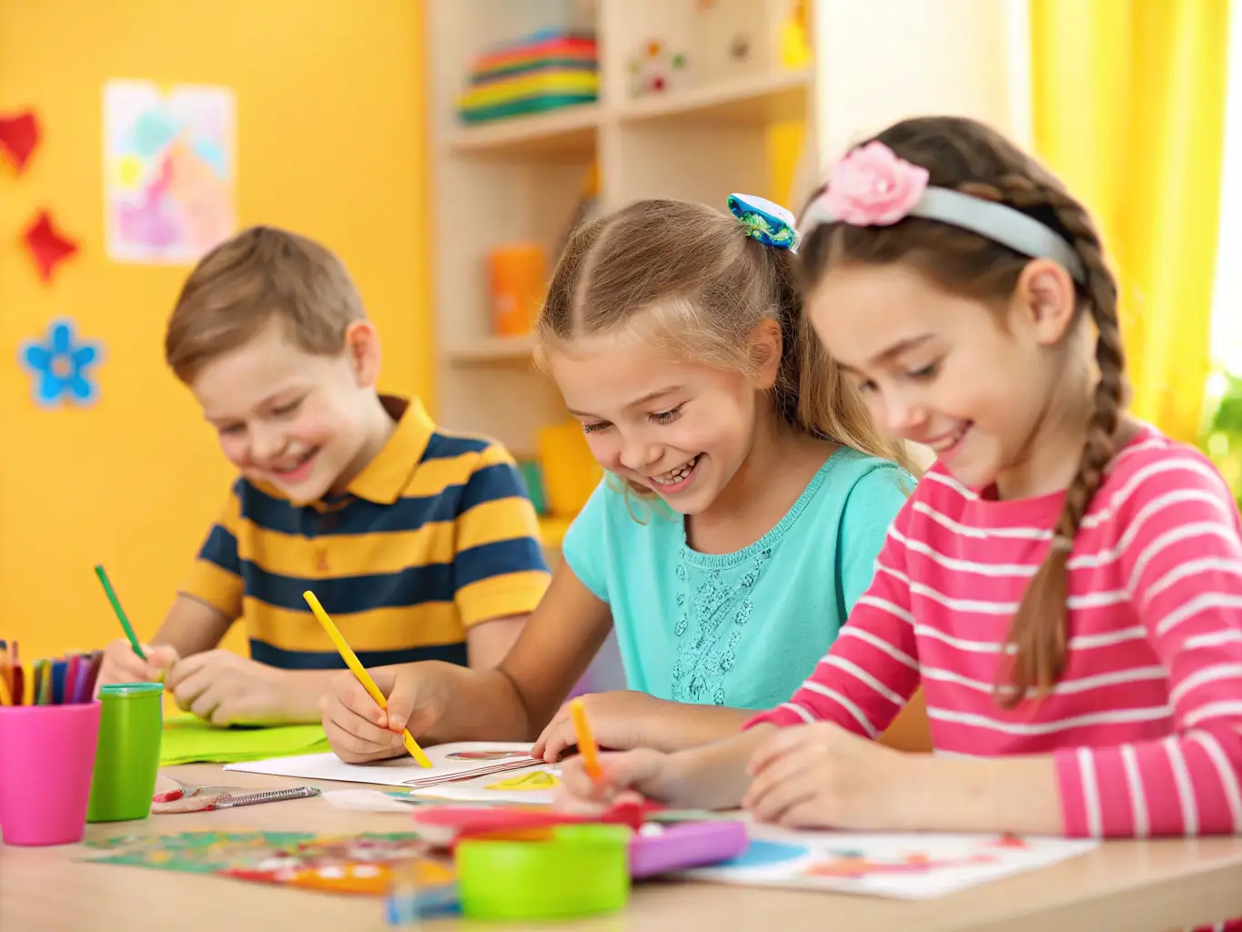 A picture of children participating in a workshop on traditional crafts, learning about the techniques and skills used in the past.