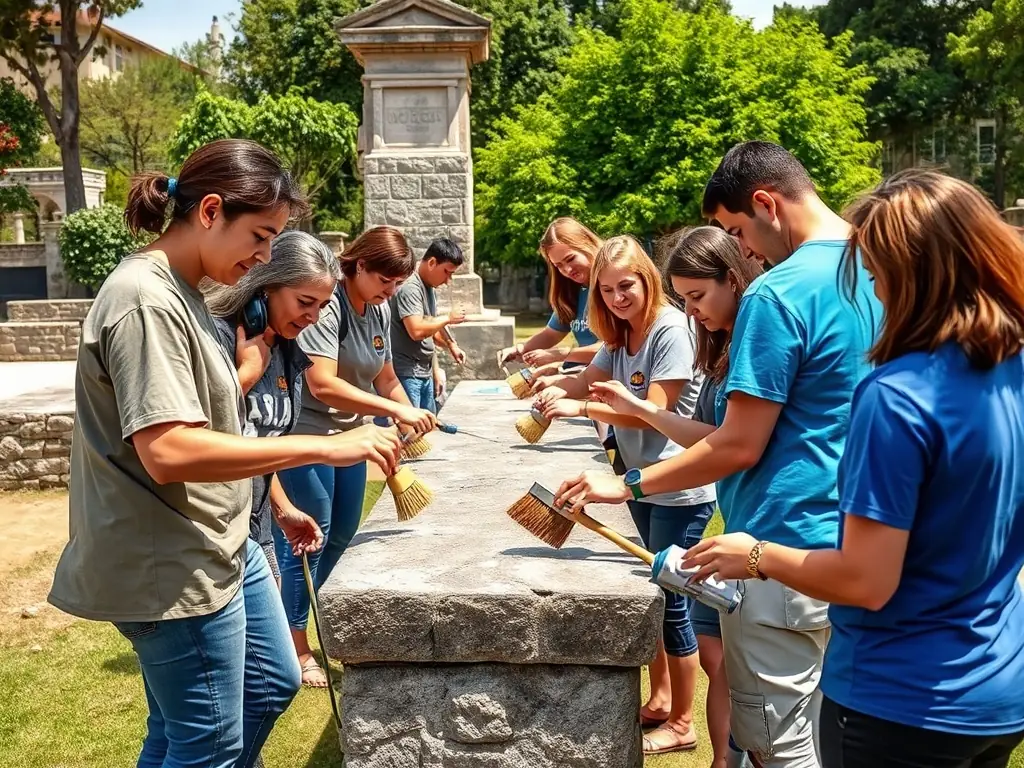 An image showing volunteers cleaning and restoring an old stone wall, with greenery in the background, symbolizing community involvement in heritage preservation.
